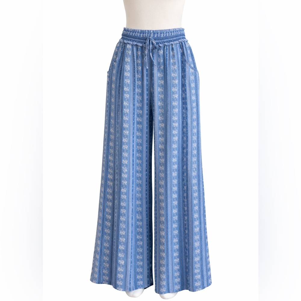 Kingston Grey Blue Elephant Print Wide Leg Pants Large Boho Elastic Waist